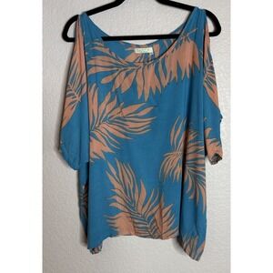 Santiki Womens XL Turquoise Peach Palm Leaf Blouse Top Cold Shoulder Resort Boho